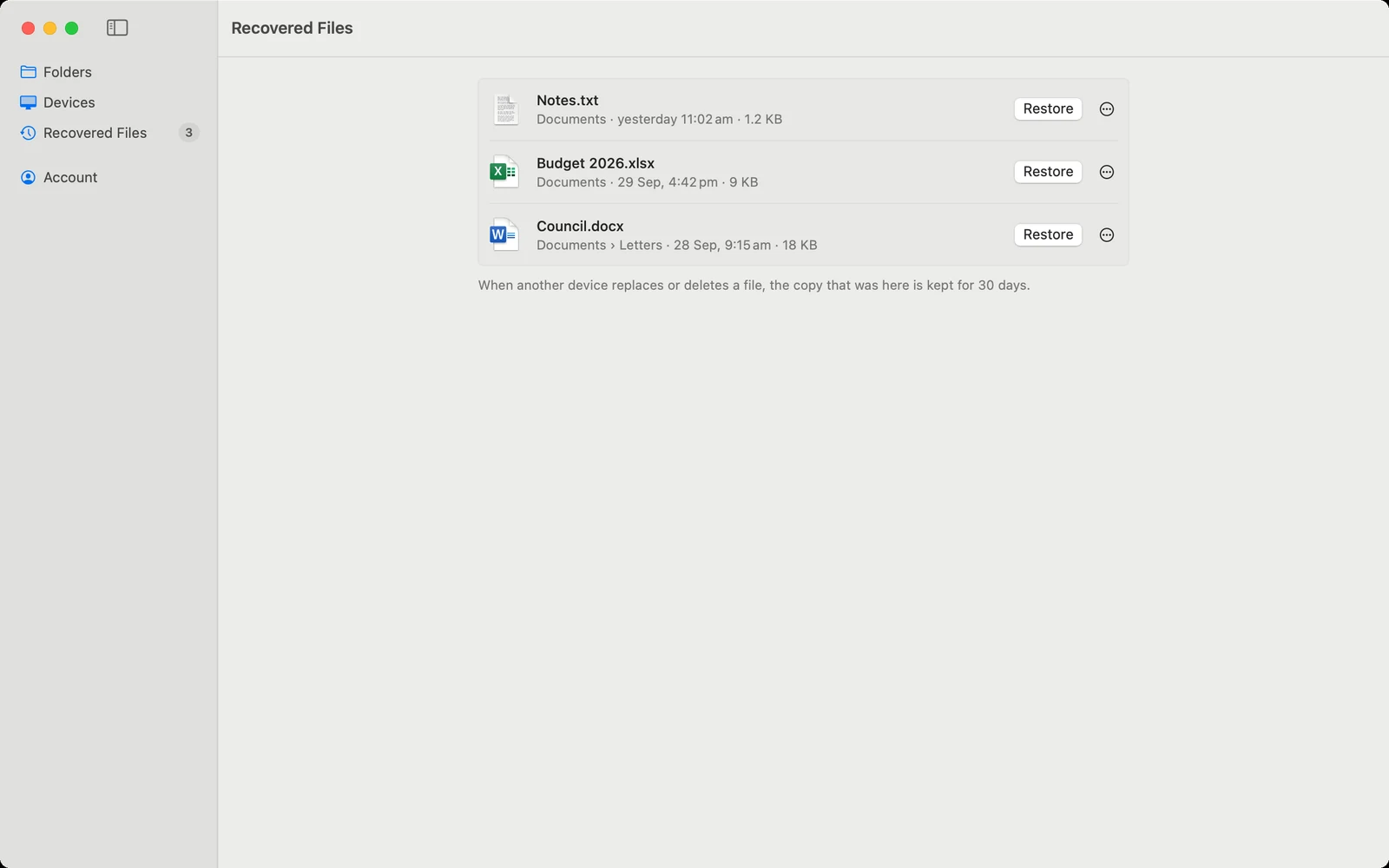 The Recovered files page: Notes.txt, Budget 2026.xlsx and Council.docx, each with a Restore button